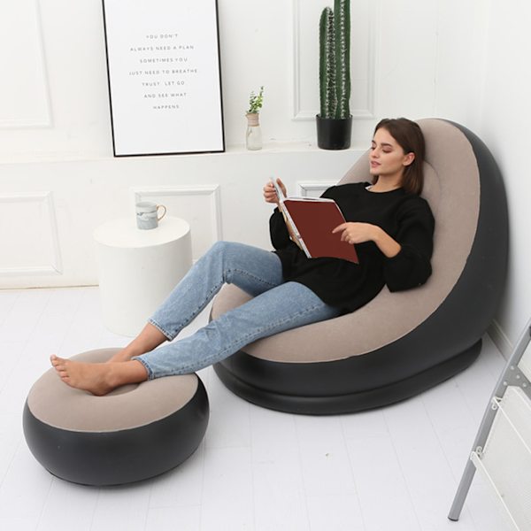 Uppblåsbar stol Fällbar flockande PVC Bekväm med fotpall Blow Up Lounge stol för utomhuscamping resor kaffe