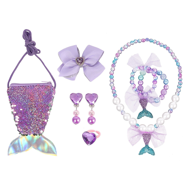 Liten flicka set, smycken sjöjungfru handväska Purple