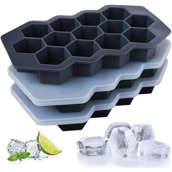 3-pakke silikonisbakker, isbitformer med forseglede lokk, fleksible sekskantede 39-isbrett, lett å frigjøre, gjenbrukbare, bpa-frie, for kjølte drikker