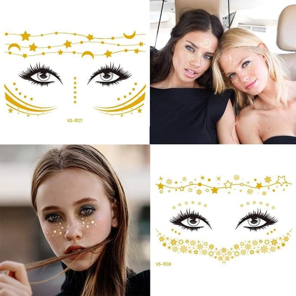 14 ark midlertidige ansiktstatoveringer, ansiktsklistremerker glitter metallic