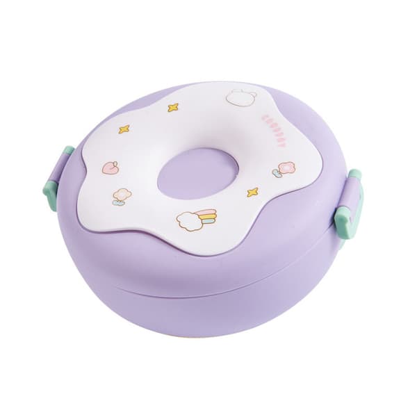 Bento Bowl Donut Shape Heatable with Lid Fork Spoon Plastic Lunch Container for Office School Purple