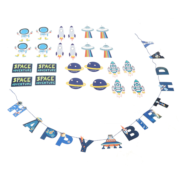 Rymd Födelsedagsflagga Astronaut Planet Spiral Banner Kostym för Partydekorationer Tårtinsats