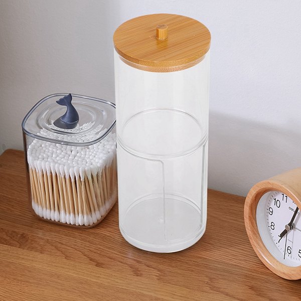 2 i 1 gennemsigtig krydderboks vatpind opbevaringsboks Desktop Organizer med bambuslåg 2 i 1