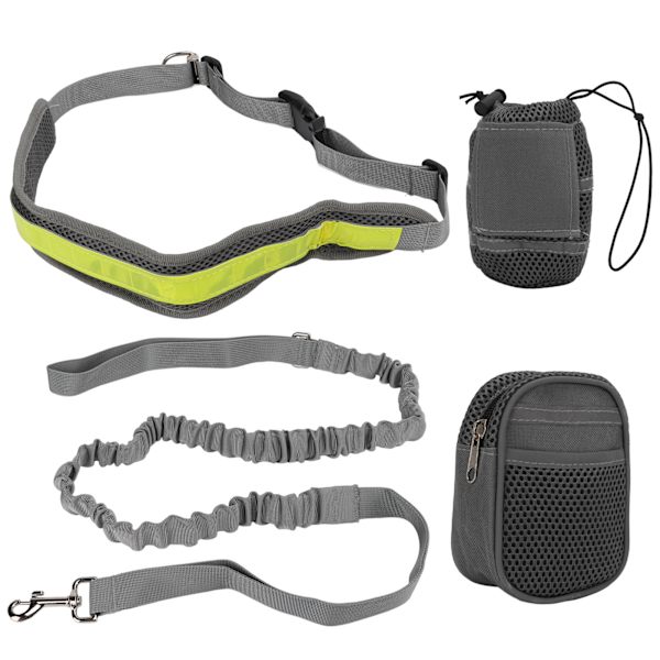 Hundtrening Midjebelt Justerbart Refleks Elastisk Handsfree Hundsele for Løping Gå Vandring Grå
