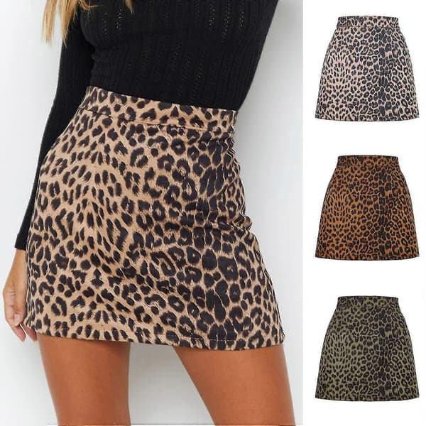 Kvinders leopardprint talje lynlås mini A-line kort nederdel brown M