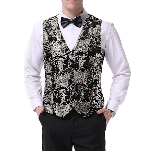 Gylden og Sølvtrykt V-Hals Business Casual Herrevest - 6 Farvemuligheder (Sort, Guld)