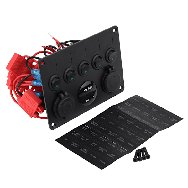 12-24V 5-Knap Vippestrømbryderpanel Dobbelt USB Voltmeter til Bilbåd Marin Lastbil Grøn LED