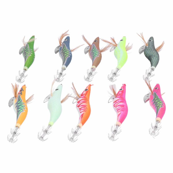 10 st Squid Jig Hook Hård Fiskedrag Luminous Wood Fiske Räkor Lure Bait Kit