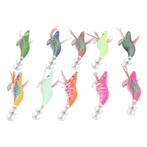 10 stk Squid Jig Hook Hard Fiskeagn Luminous Wood Fiske Reker Lure Bait Kit
