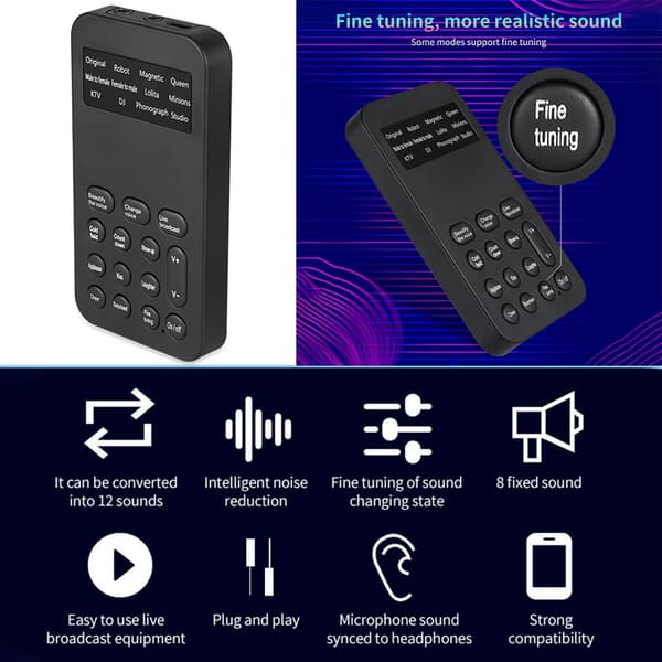 Voice Changer External Mobile Phone Sound Card with Built-in Multiple Sound Effects for Computer Smartphone Tablet