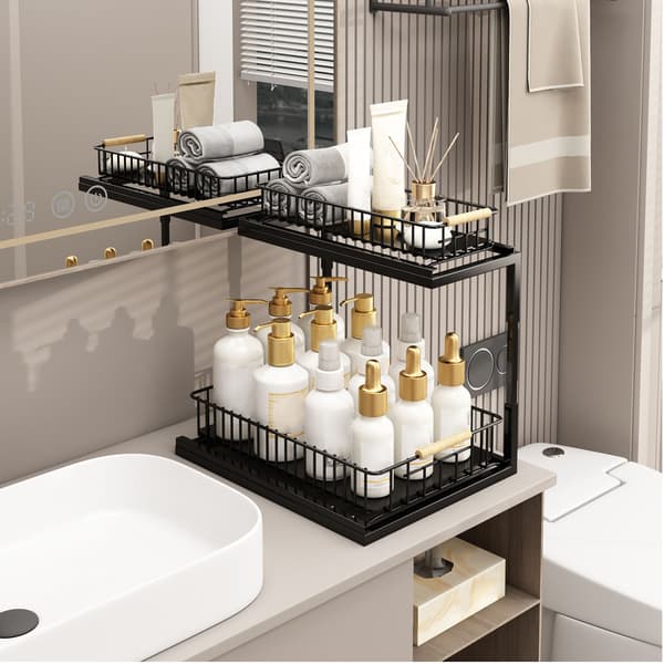 Under Sink Cabinet Shelf Multifunctional Pull-Out Double Layer Spice Rack Storage Sink Shelf for Bathroom Kitchen Black