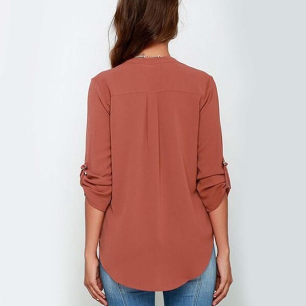 V-hals Chiffon Bluse Kvinders Skjorte Ensfarvet Mursten Rød 3XL