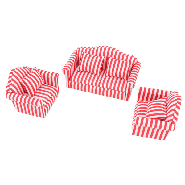 3 stk Dukkehussofa Sett Furutrekk Dobbelsofa 2 Enkelsofa Lys Farge Stripe Miniatyr Sofa for 1:12 Dukkehjem Rød