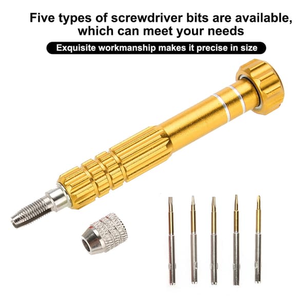 Screwdriver Handle with 5 Precision Bits Phone Glasses Watch Repair Tool Kit (Gold)