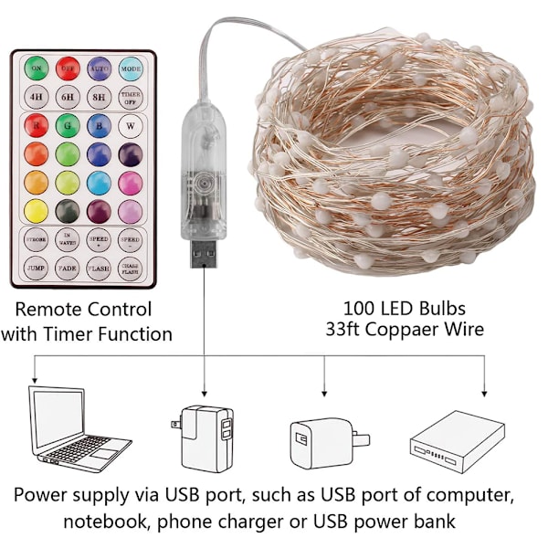 12M Fairy String Lights Fjärrkontroll RGB-färger 100 LED-lampor Koppartråd Lampor Inomhus utomhusdekoration för julbröllop nyårsfest