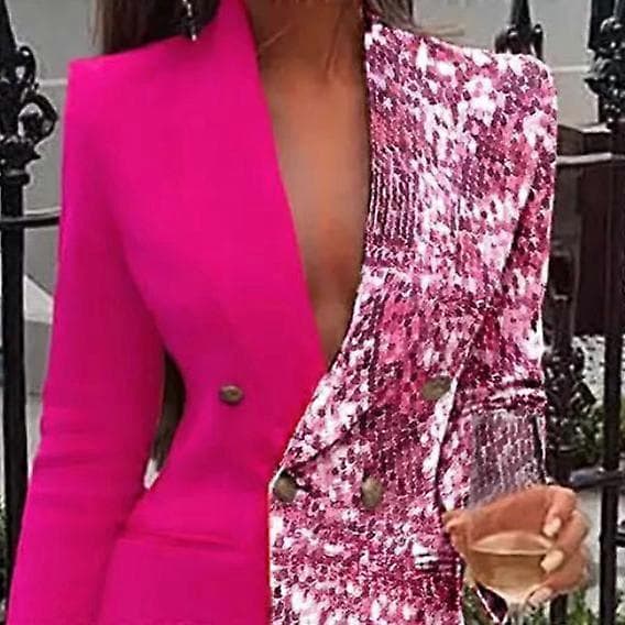 Damemode Farveblok Pailletter Langærmet Dobbeltradet Bodycon Blazer Pink pink M