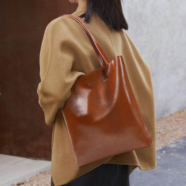 Snygg Brun Ko-Läder Tote Bag Stilren Axelremsväska Handväska 32x6x36cm Perfekt för Vår Sommar brown About 32*6*36cm
