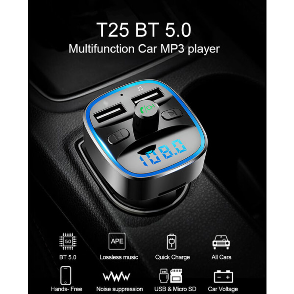 T25S Bil MP3-spiller Multi-funksjon BT5.0 Doble USB-ladere Støtte Håndfri TF-kort U Disk Music Play, Modell: Svart 11