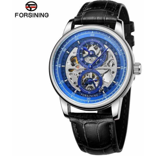 Ihålig automatisk mekanisk watch för män med läderrem Fashionabla 3ATM-armbandsur, modell: BlueSilver