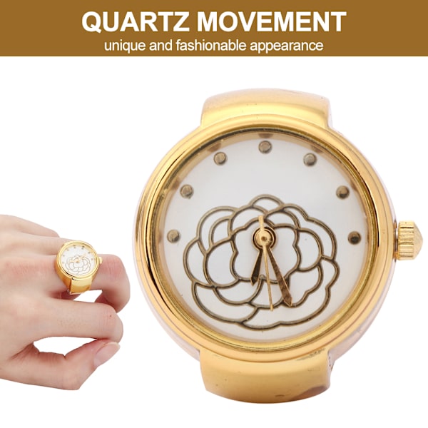 Finger Ring Ur Rund Urtavle Rose Blomst Mønster Dam Finger Kvarts Ur Guld