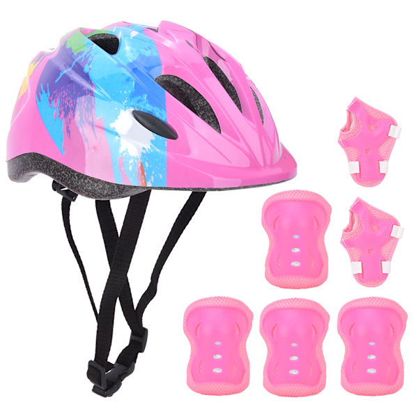 7 st Skyddsutrustning för skridskocykel för barn Säkerhetshjälm Knä Armbåge Handledsskydd Rosa färgglada barn