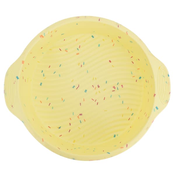 Round Cake Pan Non-Stick Reusable Baking Pan with Handle Baking Mold for Home Kitchen (Yellow with Color Particles)