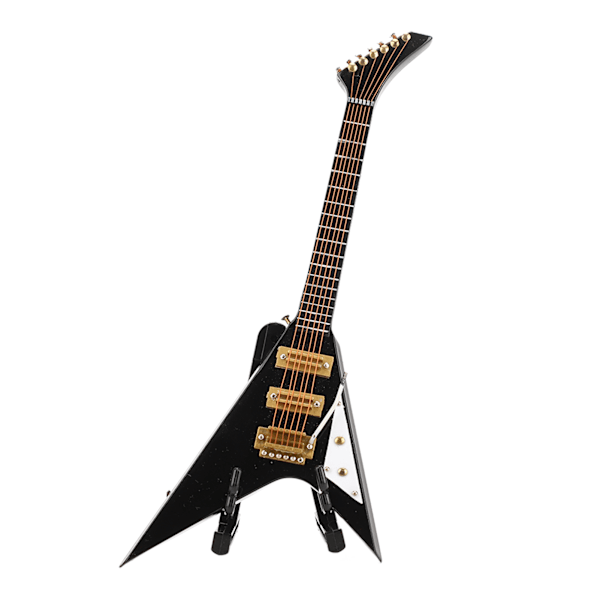 Miniatyr elektrisk gitar i tre med stativ Svart Minimusikinstrument Dukkehust modelldekorasjon 7,3 tommer