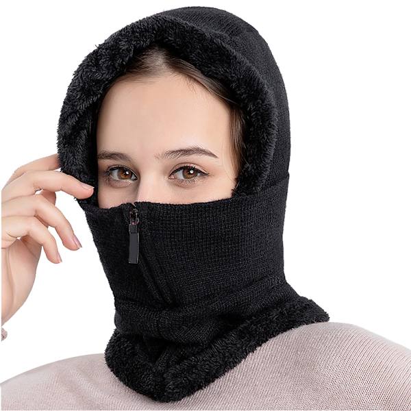 Vinterstrikket hue Scarfset Hue Lynlås Scarf Ørevarmere Fleeceforet ski Vindtæt termisk hue Halsvarmer til kvinder Mænd Ski Cykling