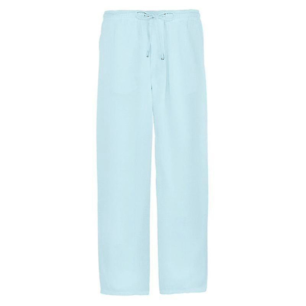 Lyseblå lin-look baggy bukser for menn, elastisk midje strand yoga bukser (Størrelse 2XL)