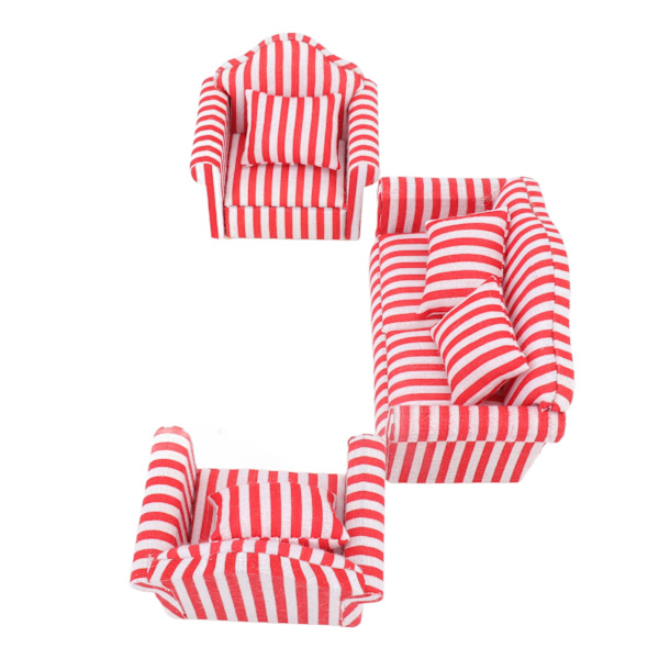 3 stk Dukkehussofa Sett Furutrekk Dobbelsofa 2 Enkelsofa Lys Farge Stripe Miniatyr Sofa for 1:12 Dukkehjem Rød