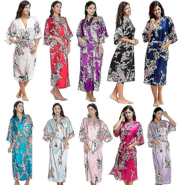 Blomsterprint Satin Kimono Morgenkåbe Natskjorte til Kvinder - Blå Marine, Størrelse 2XL