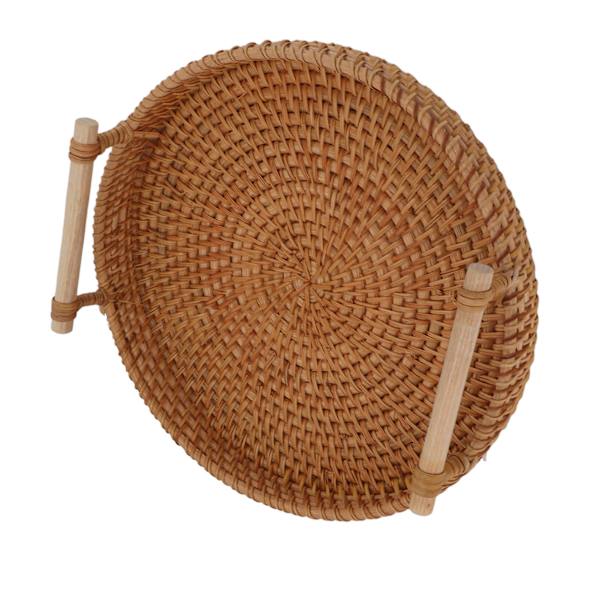 Rattan Fruit Tray with Solid Wood Handle Exquisite Hand-Woven Round Serving Tray for Storage Display Bread Fruit M