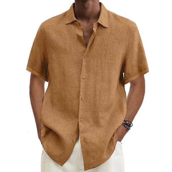 Herr sommar bomull linne lös passform knapp ner kortärmad blus - Khaki