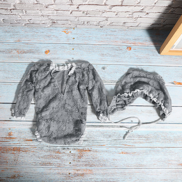 Babyfotografering Jumpsuit Fotorekvisita Hatt Spetsantrekk Kostymesett for Nyfødt Grå