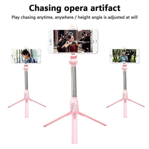 Uttrekkbart Selfie Stick-stativ med avtakbar trådløs fjernkontroll og stativ pink