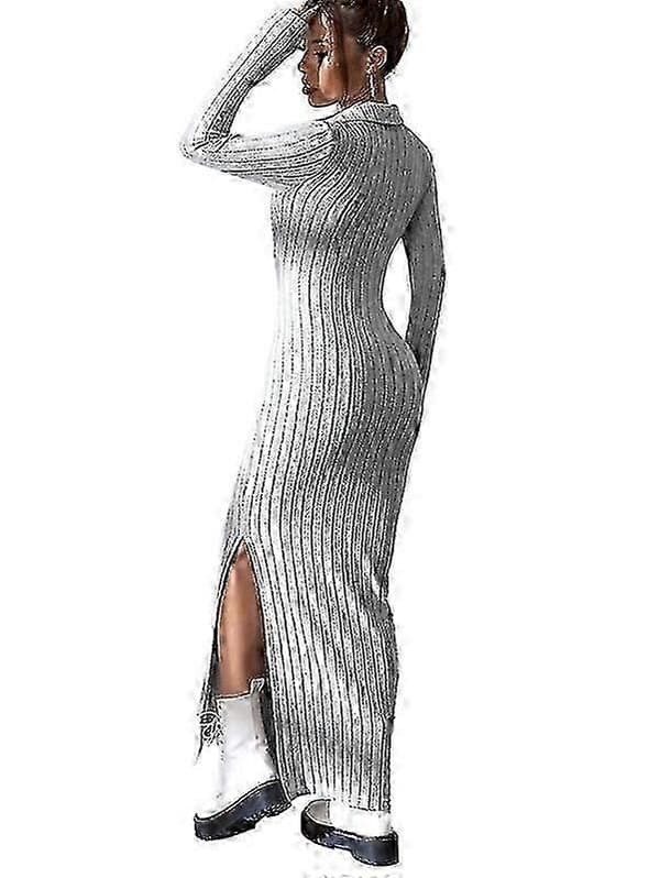 【LD】Dame Crewneck Pullover Genser Kjole Slim Fit Strikkede Bodycon Kjoler Grey M