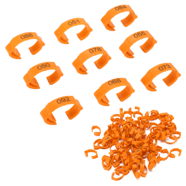 100 stk fjerkræfodringe Identifikationsbensspænde med tal til kyllingand fugl orange