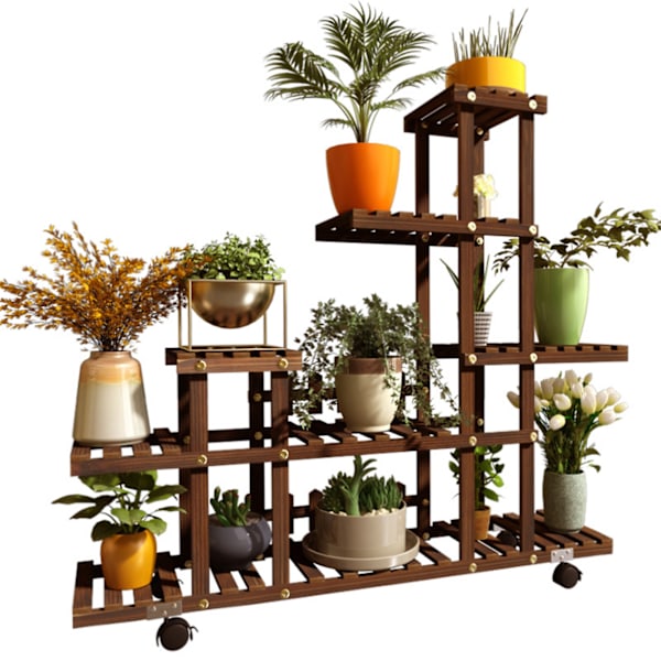 Trä Växtställ Flerskikts Blomsterhyllor Rack för vardagsrum Balkong Uteplats Yard Staket och hjul