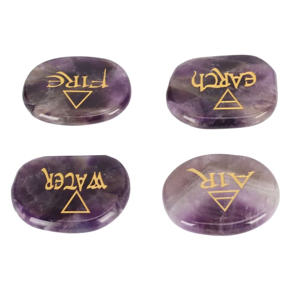 4 Elementer Sorterade Stenar Graverade Triangulära Symboler Jord Luft Eld Vatten Polerade Runstenar för Reiki Kristaller Healing Ametist