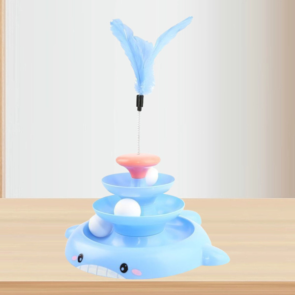 Cat Turntable Ball Toy 3 Levels Interactive Lindra Tristess Kitten Tower Roller Toy med fjäderpinne och 3 bollar blå