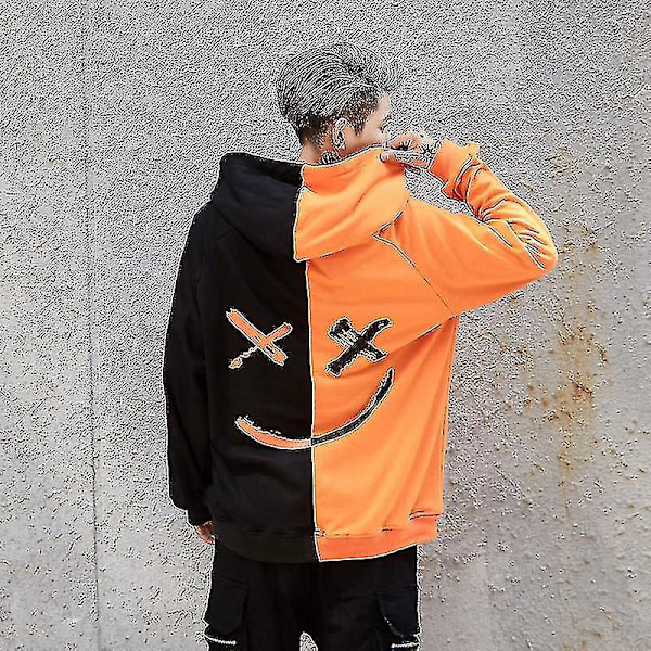 Smilende Ansigt Print Mænds Langærmet Hoodie Trøje Sort Orange