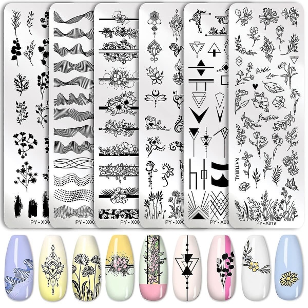 6 kpl leimauslevyt Nail Art Set Kukka Minimalistiset Geometriset Viivat Lehdet Kuvioteemakuva Tee itse kynsilevy nail art
