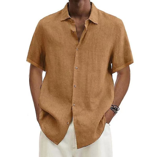 Miesten kesäpuuvilla-pellava-löysänappipusero lyhyillä hihoilla khaki - Ylisuurissa koossa S-5XL