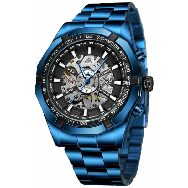 Automatisk mekanisk watch för män med armband i rostfritt stål. Vattentätt sportarmbandsur, modell: Blackblue