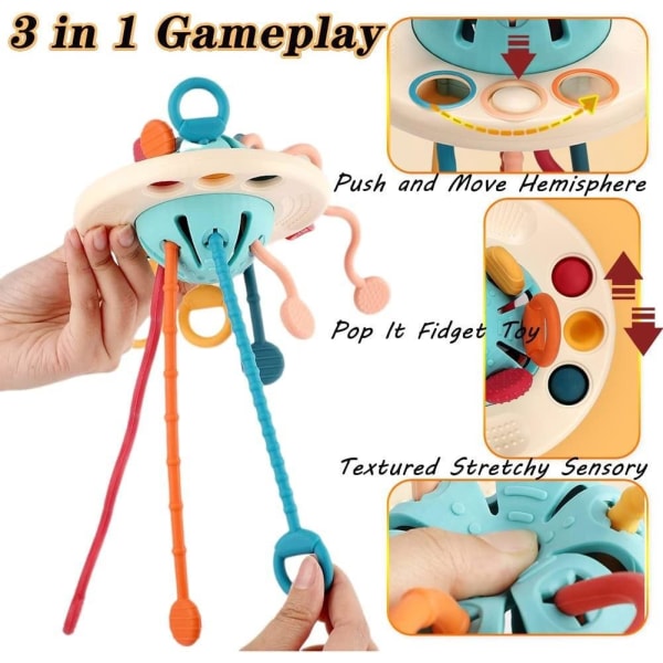 Silicone pull string interactive toy baby travel toy flying saucer pull string，
