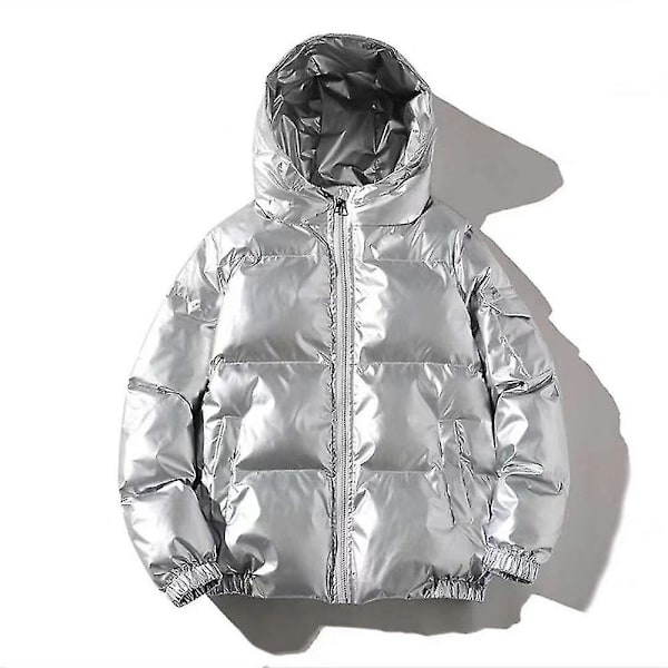 Tjock glänsande silver vinterjacka med huva för män - Lös passform (4XL)