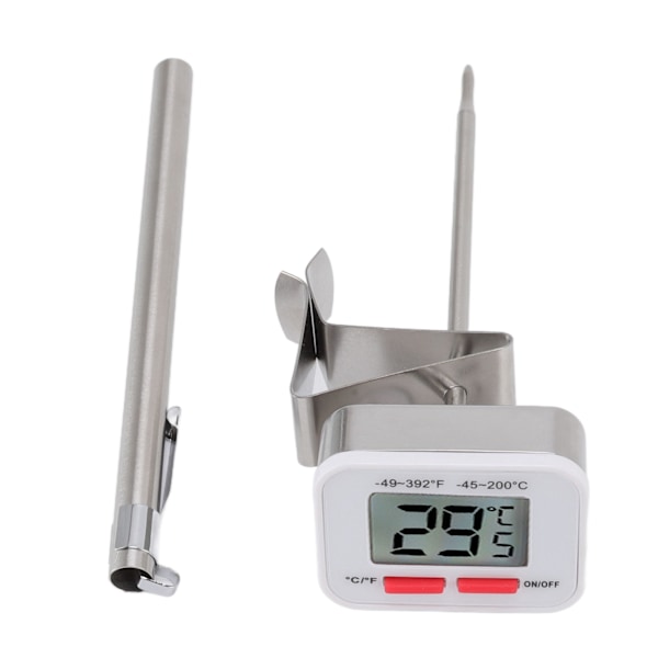 Kjøkkentermometer med justerbar klemme, stor skjerm, avtakbar sonde, rustfritt stål, hvit