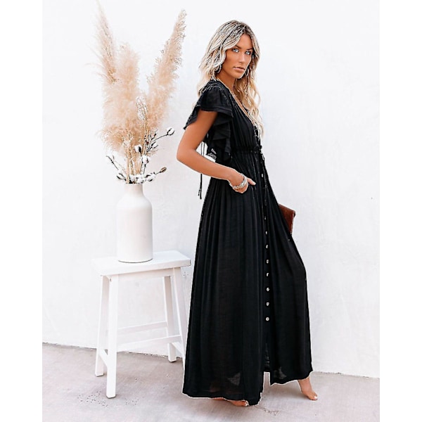 Sommer Sexy Sort V-hals Maxi Kjole Strand Cover Up