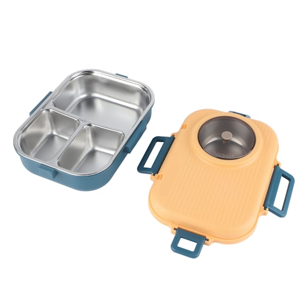 Termo Lounaslaatikko 1100ml Kaksoiskerros 3 Ruudukon Muotoilu 304 Ruostumaton Teräs Bento Laatikko Syömäpuikoilla Lusikka Keittokuppi Sininen Keltainen