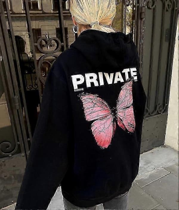 Mode Efterår Dame Hættetrøje Eksplosion Privat Sommerfugl Sweatshirt Hættetrøjer Trykte Langærmede Sorte Dame Harajuku Sweatshirt Blue S